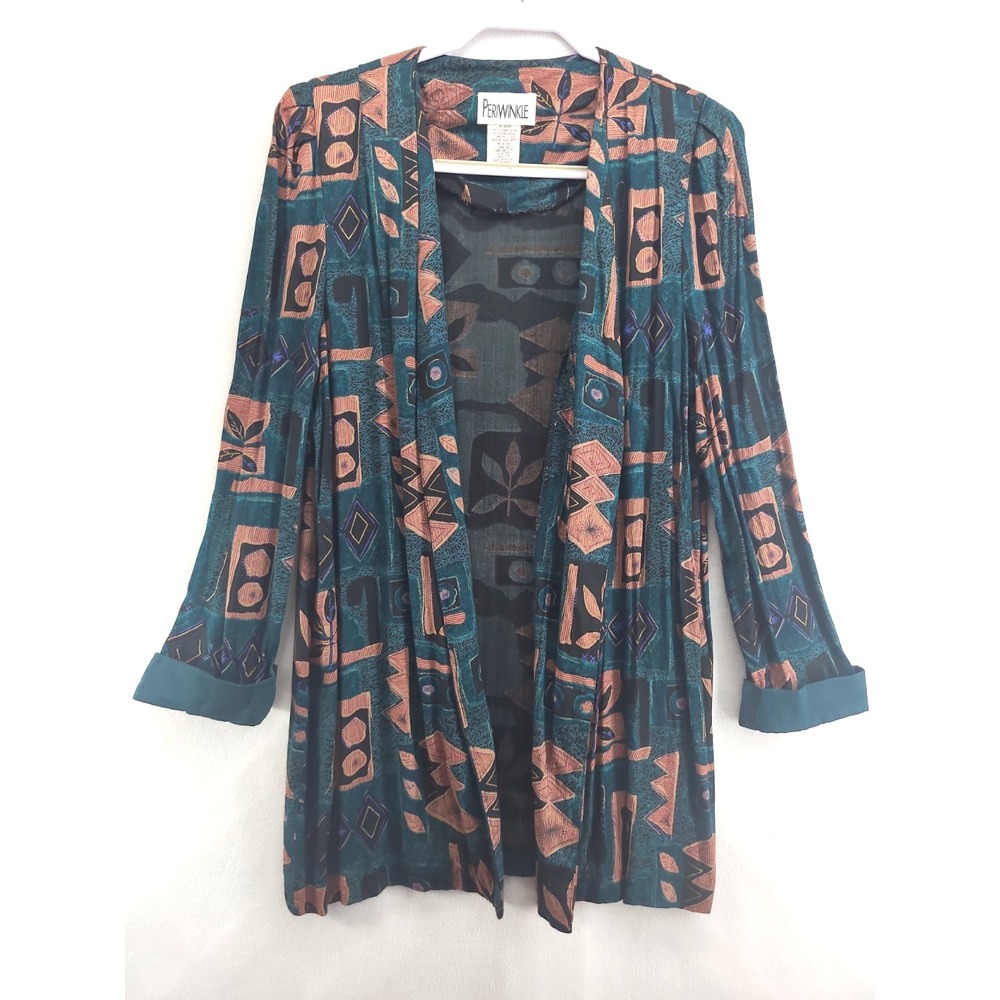 Vtg Open-Front Long Cardigan Teal Brown Autumnal Duster Draped Collar Lagenlook